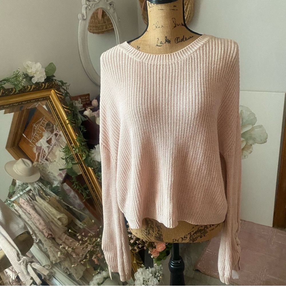 Blush Pink Sweater With Tie-Up Bow Sleeves